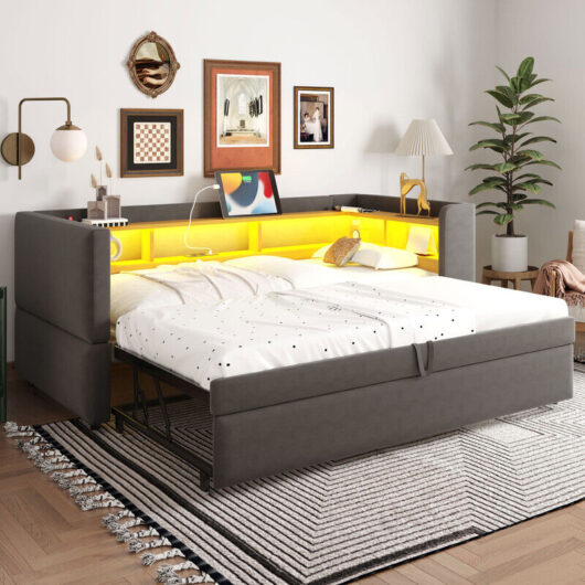 Plush sofa bed, multifunctional extendable bed 90/180 × 190 cm, LED and multifunction storage, 1-seater fabric sofa bed, modern style, dark gray