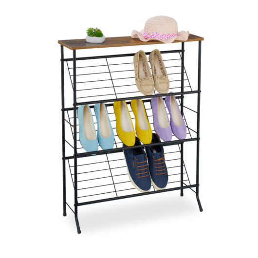 Relaxdays - Industrial Shoe Rack, for 9 Pairs, hwd: 89.5x70x23.5 cm, Metal, Slanted Shelves, Footwear Storage, Black/Brown