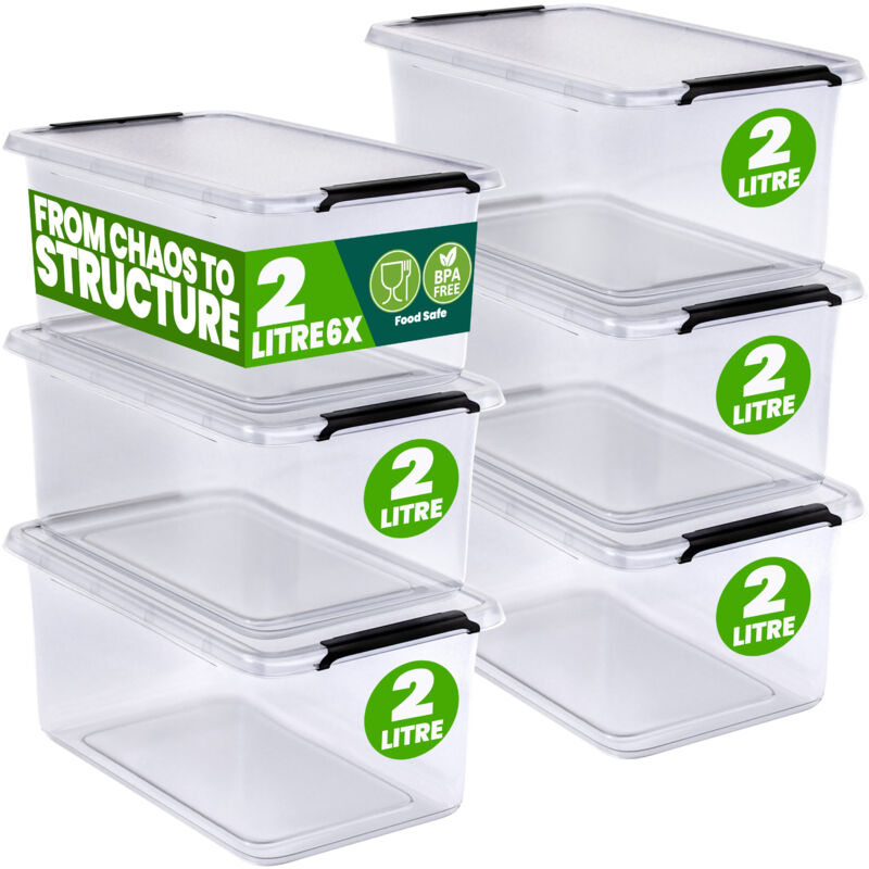 Storage Box With Click Closure Secure Lid 2 Litre and 5 Litre bpa Free Food-Safe Plastic Boxes Small Stackable Transparent Organisers for Kitchen