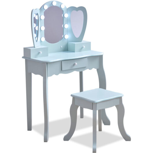 Teamson Kids - Heart-Shaped Vanity in Light Blue with led Lights, Triple Mirror, Stool & Storage Drawers, Boosts Imagination, Confidence &
