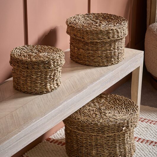 Three Lidded Seagrass Storage Baskets