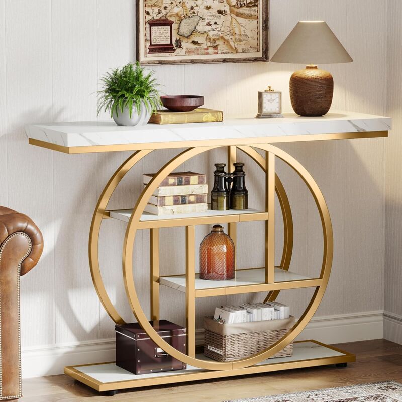Tribesigns - Console Table, 105 cm Industrial 4-Tier Sofa Table Entryway Table with Circle Base, Narrow Wood Accent Tables with Storage Shelves for