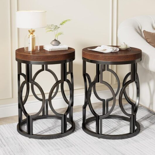 Tribesigns - Round End Table Set of 2, Industrial Side Table with Metal Hollow Frame, Small Bedside Table Nightstand for Living Room, Bedroom, Easy