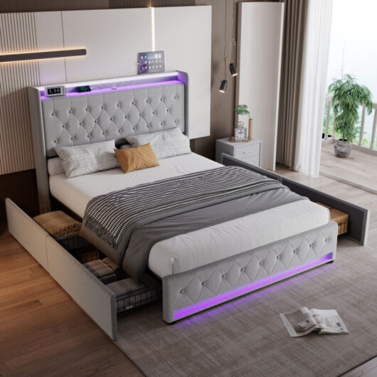 Velvet Grey Upholstered Double Bed(4ft6) with Storage Drawers,Soft Backrest,Lights&Charging Socket