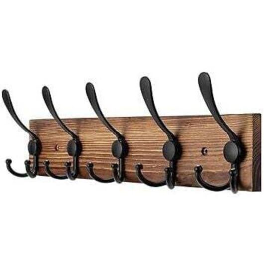 Wooden wall-mounted coat rack - 5 black triple hooks - 43 cm - ideal for the entrance, bedroom, bathroom and dressing room.